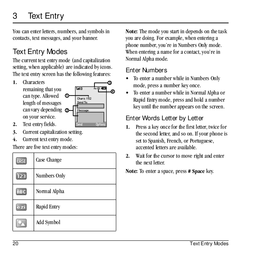 Kyocera E1100 manual Text Entry Modes, Enter Numbers, Enter Words Letter by Letter 