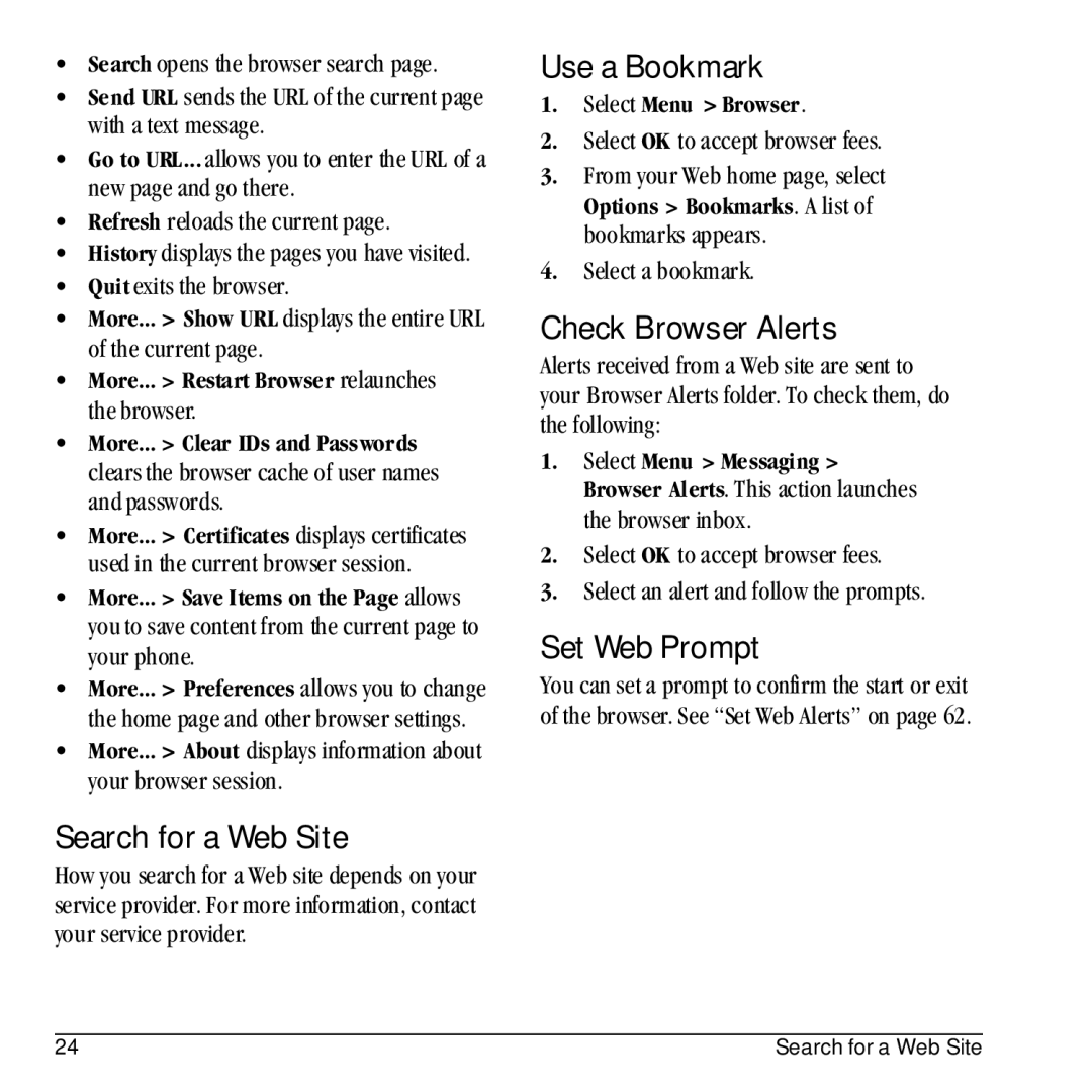 Kyocera E1100 manual Search for a Web Site, Use a Bookmark, Check Browser Alerts, Set Web Prompt, Select Menu Browser 