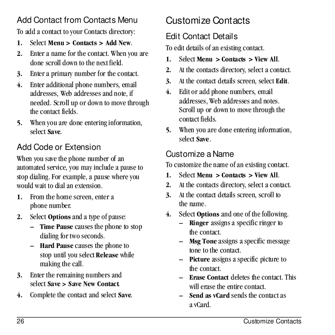 Kyocera E1100 manual Customize Contacts, Add Contact from Contacts Menu, Add Code or Extension, Edit Contact Details 