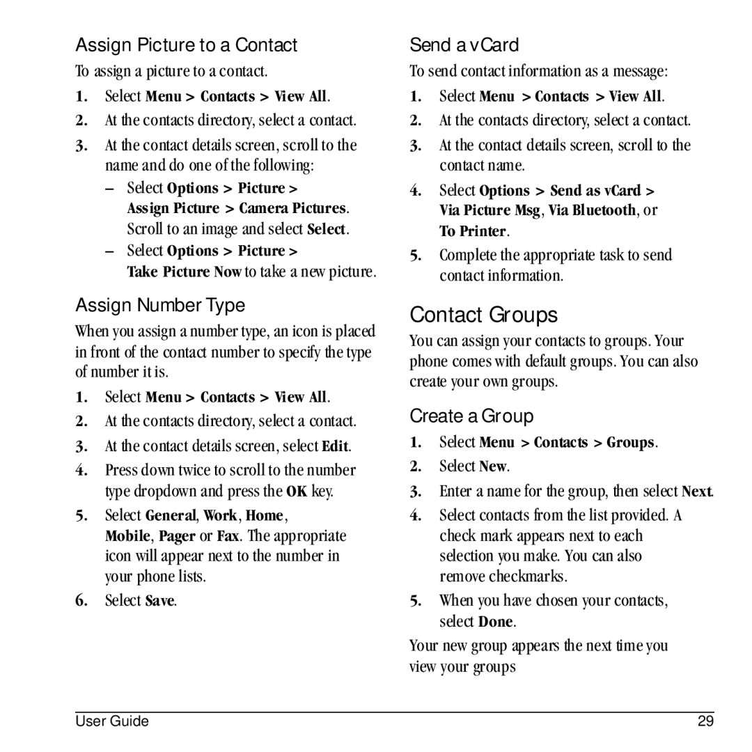 Kyocera E1100 manual Contact Groups, Assign Picture to a Contact, Assign Number Type, Send a vCard, Create a Group 