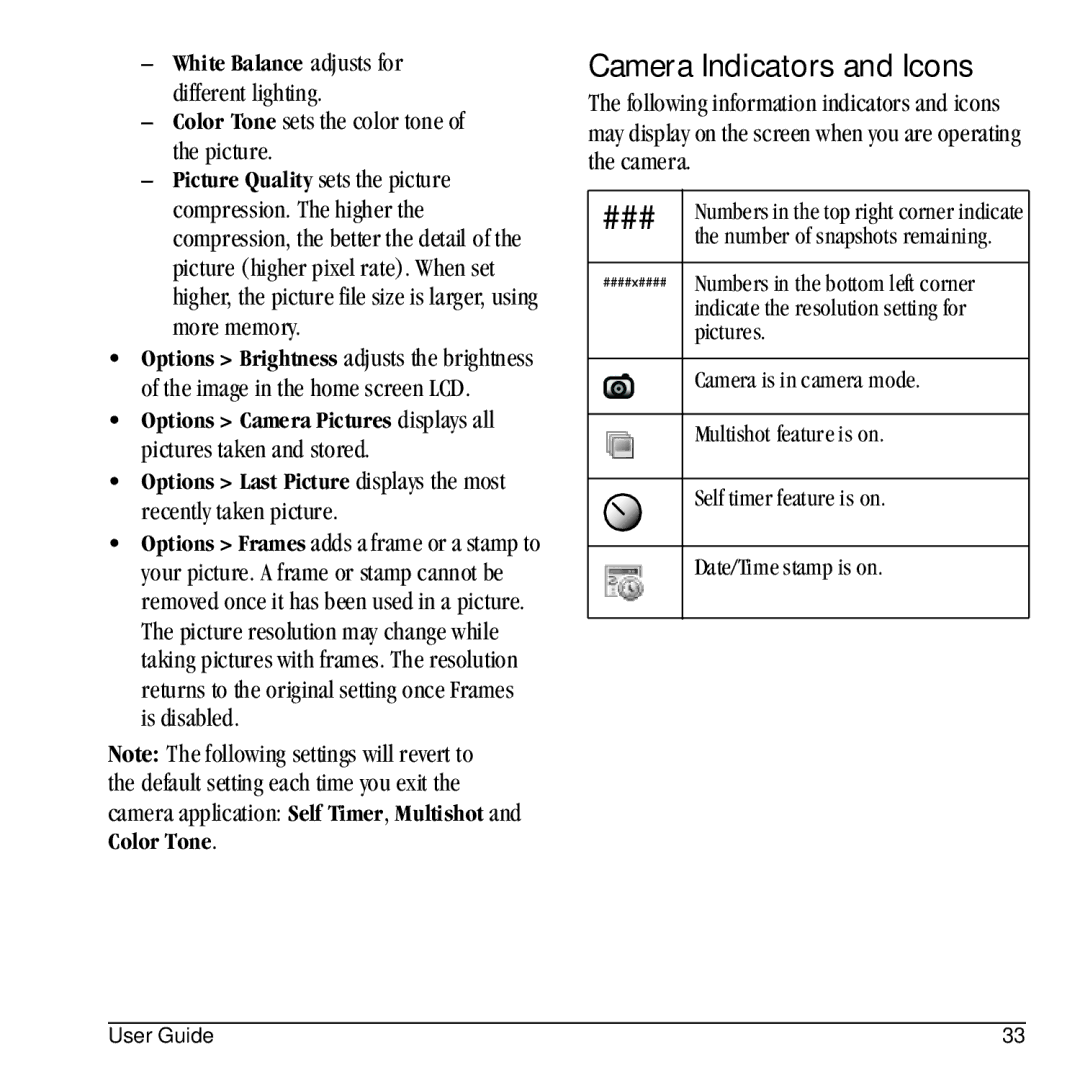 Kyocera E1100 manual Camera Indicators and Icons, White Balance adjusts for different lighting 