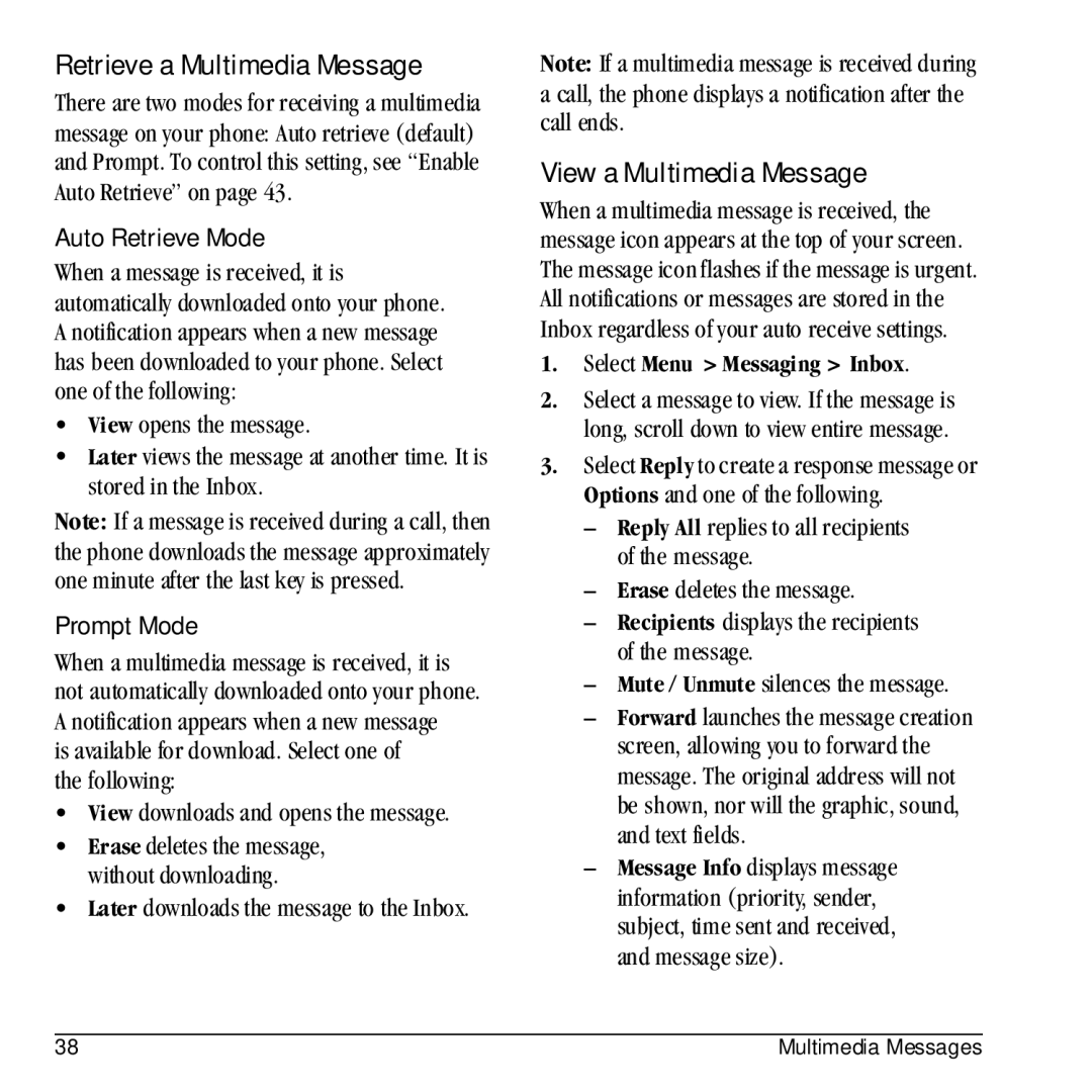 Kyocera E1100 manual Retrieve a Multimedia Message, View a Multimedia Message, Auto Retrieve Mode, Prompt Mode 