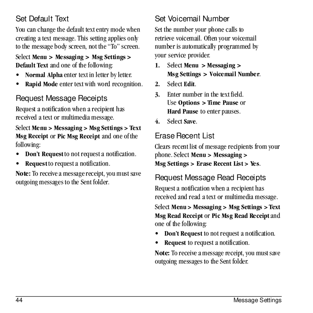 Kyocera E1100 manual Set Default Text, Request Message Receipts, Set Voicemail Number, Erase Recent List 