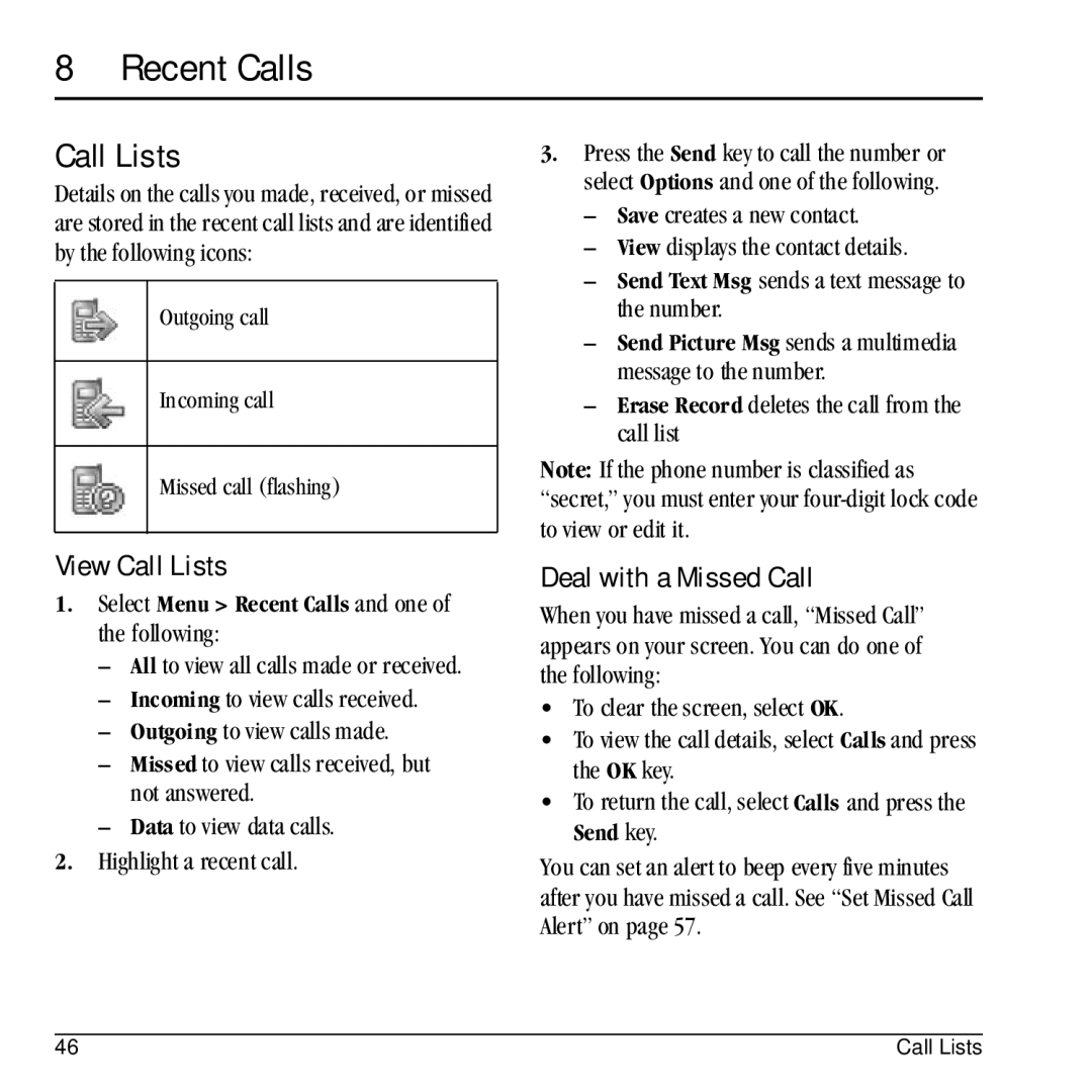 Kyocera E1100 manual Recent Calls, View Call Lists, Deal with a Missed Call 