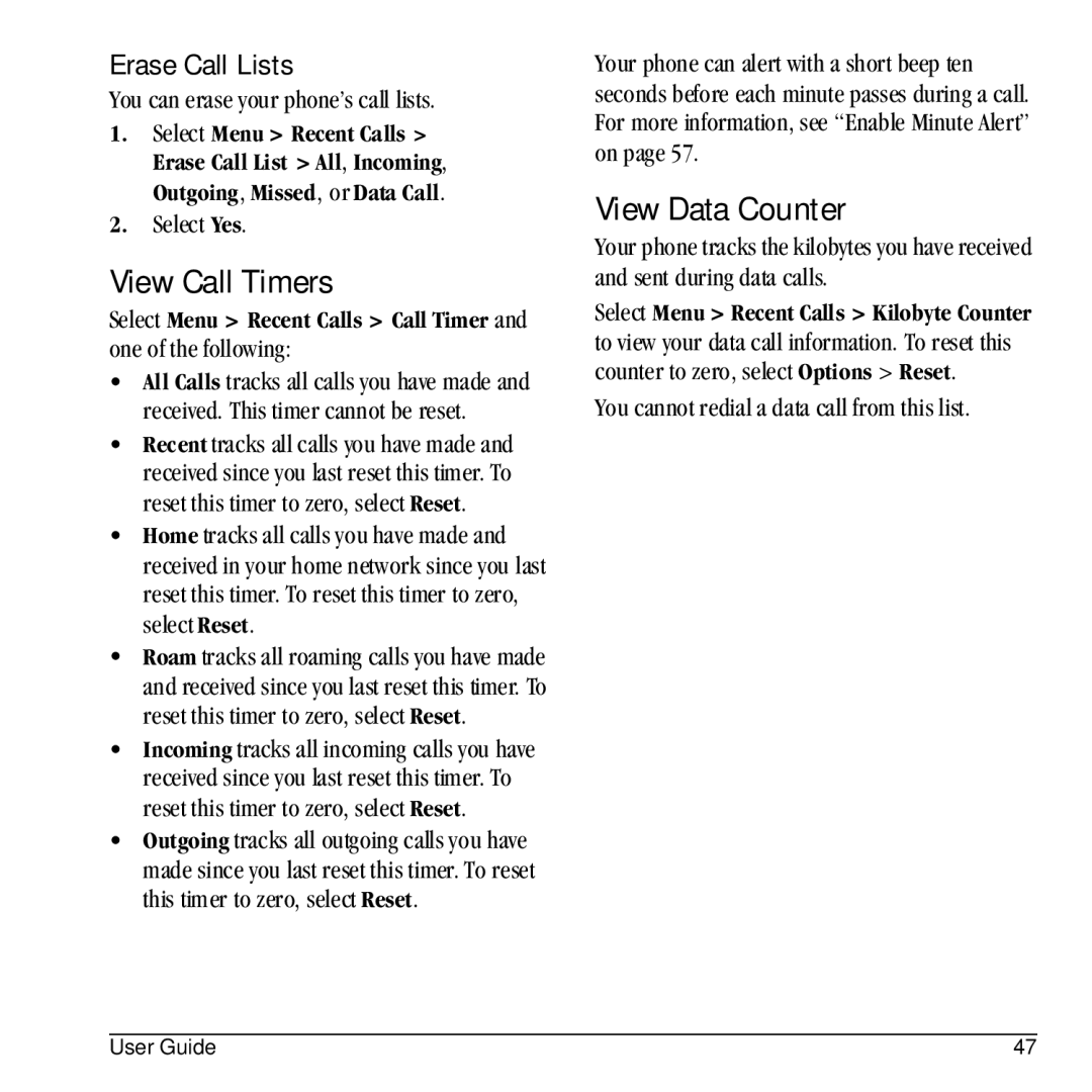 Kyocera E1100 manual View Call Timers, View Data Counter, Erase Call Lists 