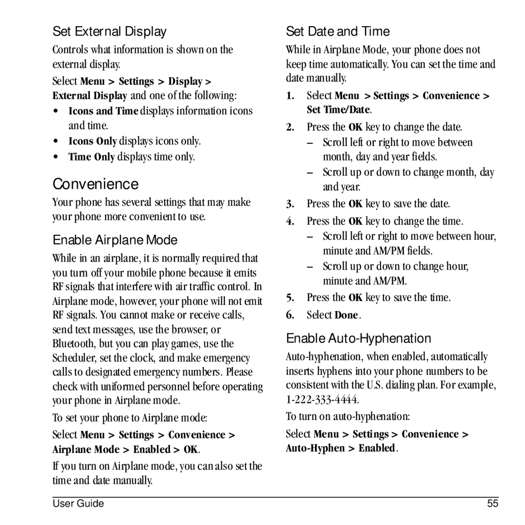 Kyocera E1100 manual Convenience, Set External Display, Enable Airplane Mode, Set Date and Time, Enable Auto-Hyphenation 