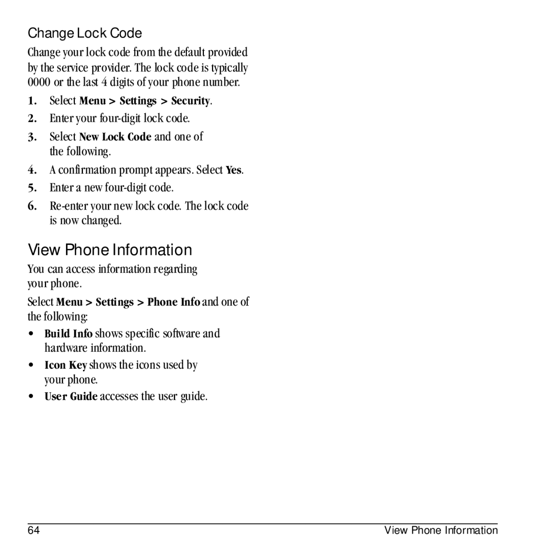 Kyocera E1100 manual View Phone Information, Change Lock Code, Select New Lock Code and one of the following 