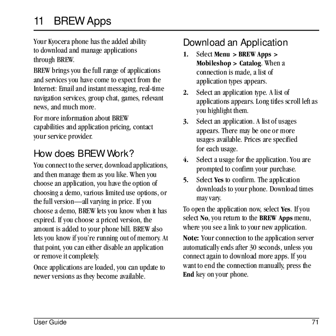 Kyocera E1100 manual Brew Apps, How does Brew Work?, Download an Application 