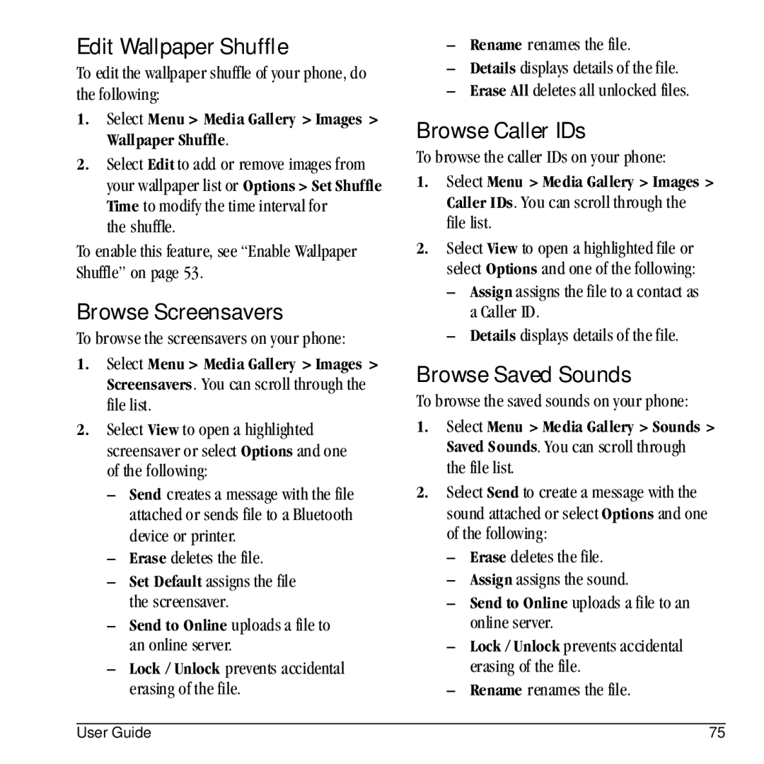 Kyocera E1100 manual Edit Wallpaper Shuffle, Browse Screensavers, Browse Caller IDs, Browse Saved Sounds 