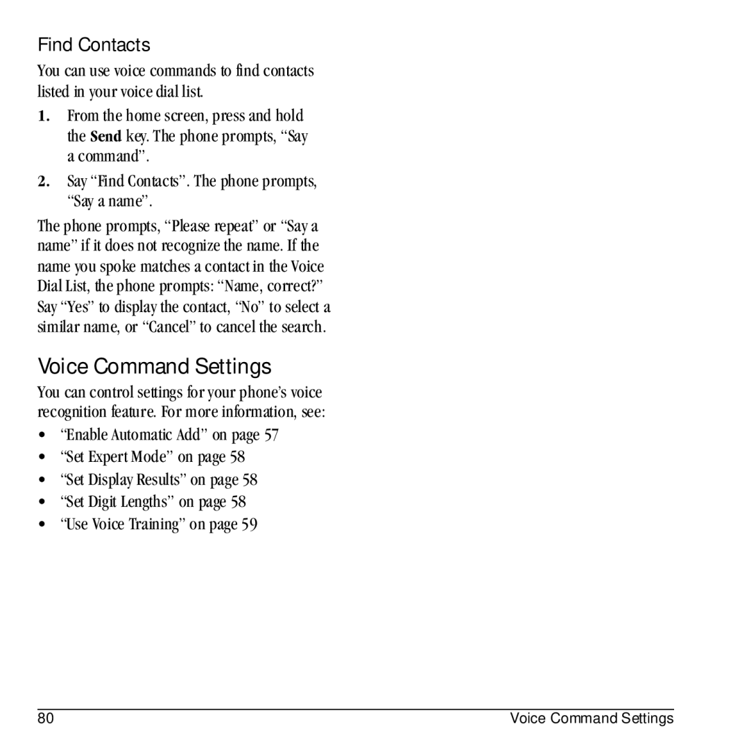 Kyocera E1100 manual Voice Command Settings, Find Contacts 