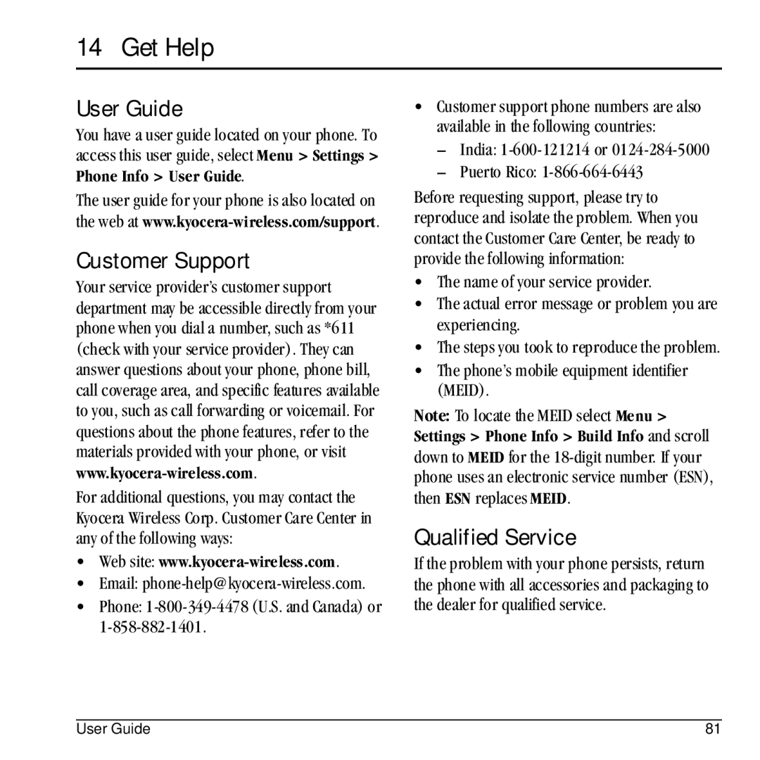 Kyocera E1100 manual Get Help, User Guide, Customer Support, Qualified Service 
