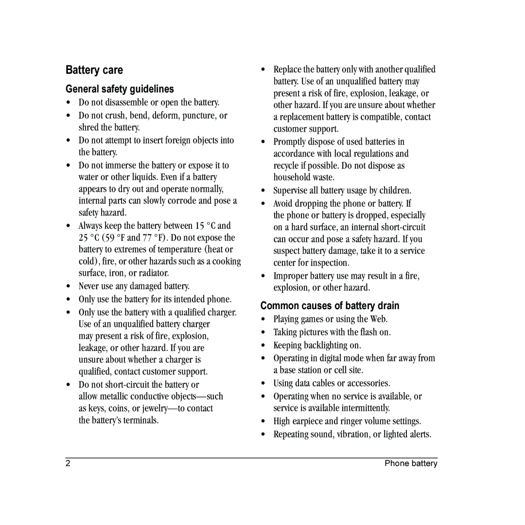 Kyocera E2000 manual Battery care, General safety guidelines, Common causes of battery drain 