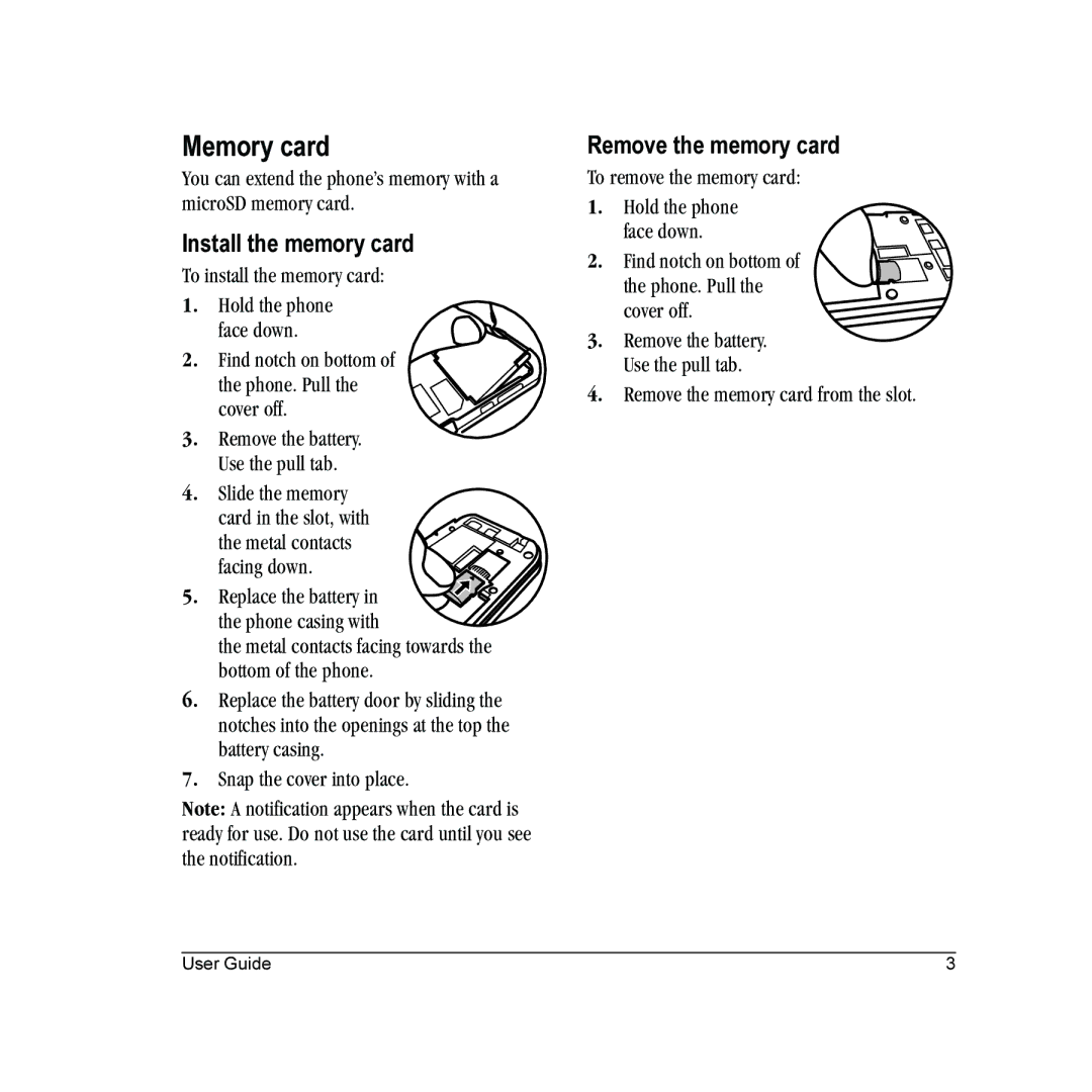 Kyocera E2000 manual Memory card, Install the memory card, Remove the memory card 