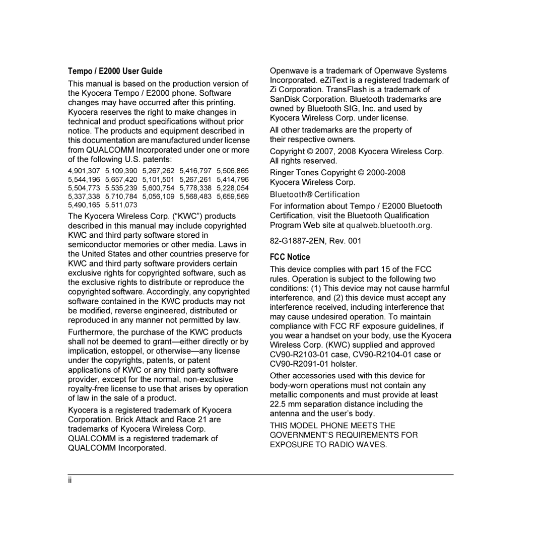 Kyocera manual Tempo / E2000 User Guide, FCC Notice, 82-G1887-2EN, Rev, Bluetooth Certification 