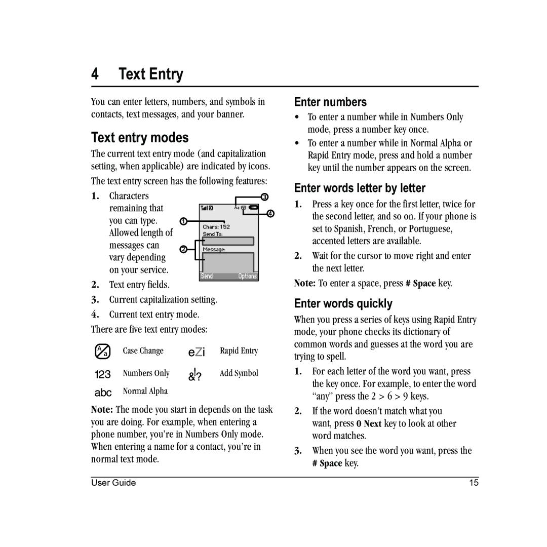 Kyocera E2000 manual Text Entry, Text entry modes, Enter numbers, Enter words letter by letter, Enter words quickly 