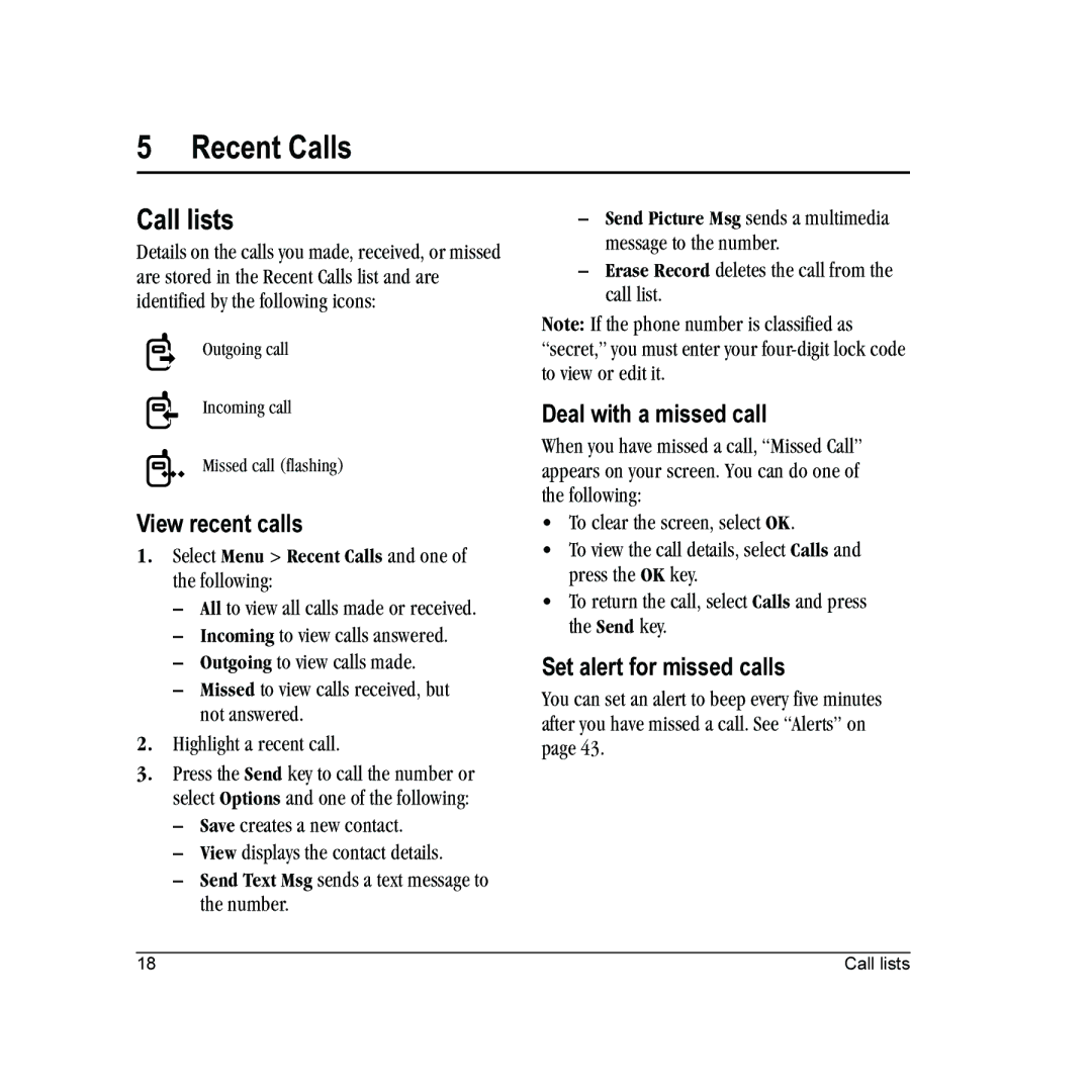 Kyocera E2000 manual Recent Calls, Call lists, View recent calls, Deal with a missed call, Set alert for missed calls 