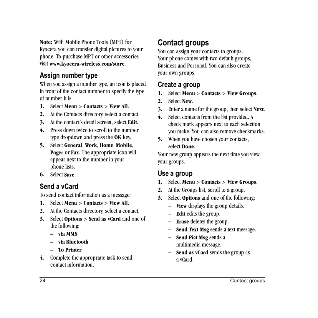 Kyocera E2000 manual Contact groups, Assign number type, Create a group, Use a group 