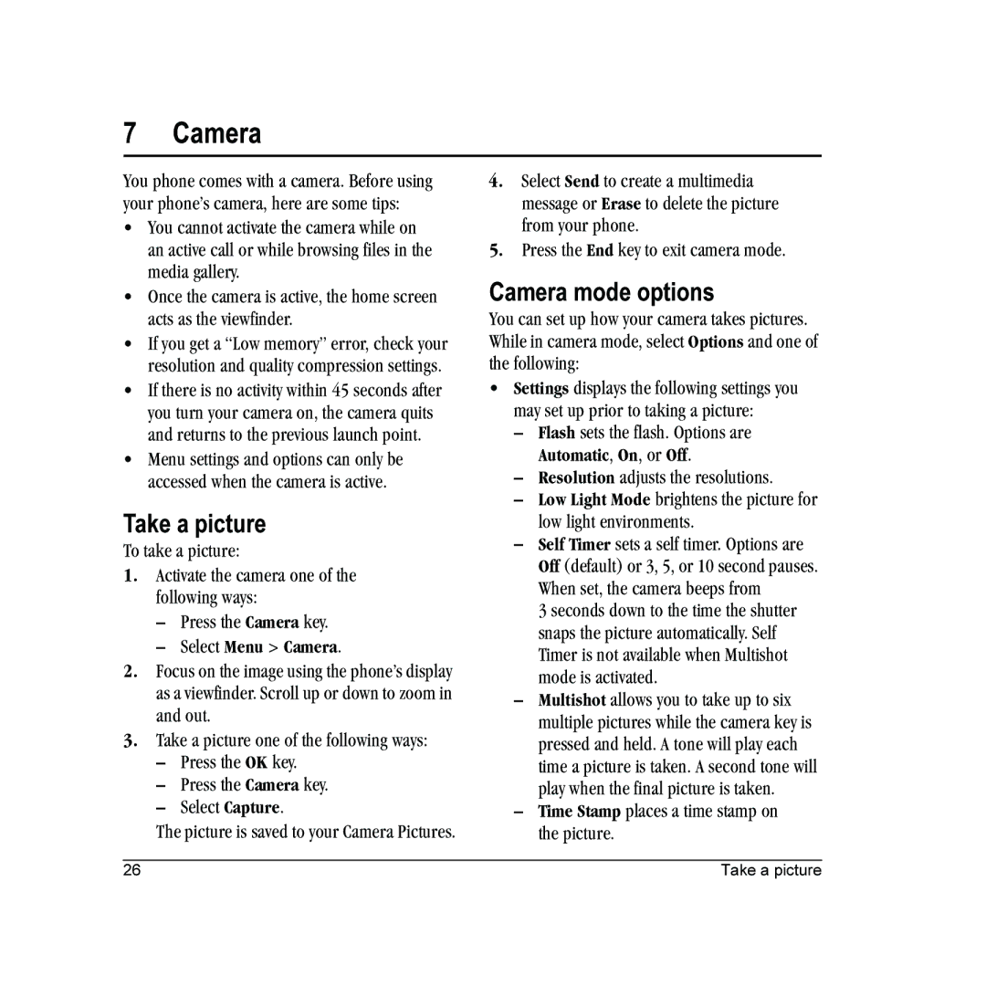 Kyocera E2000 manual Camera mode options 