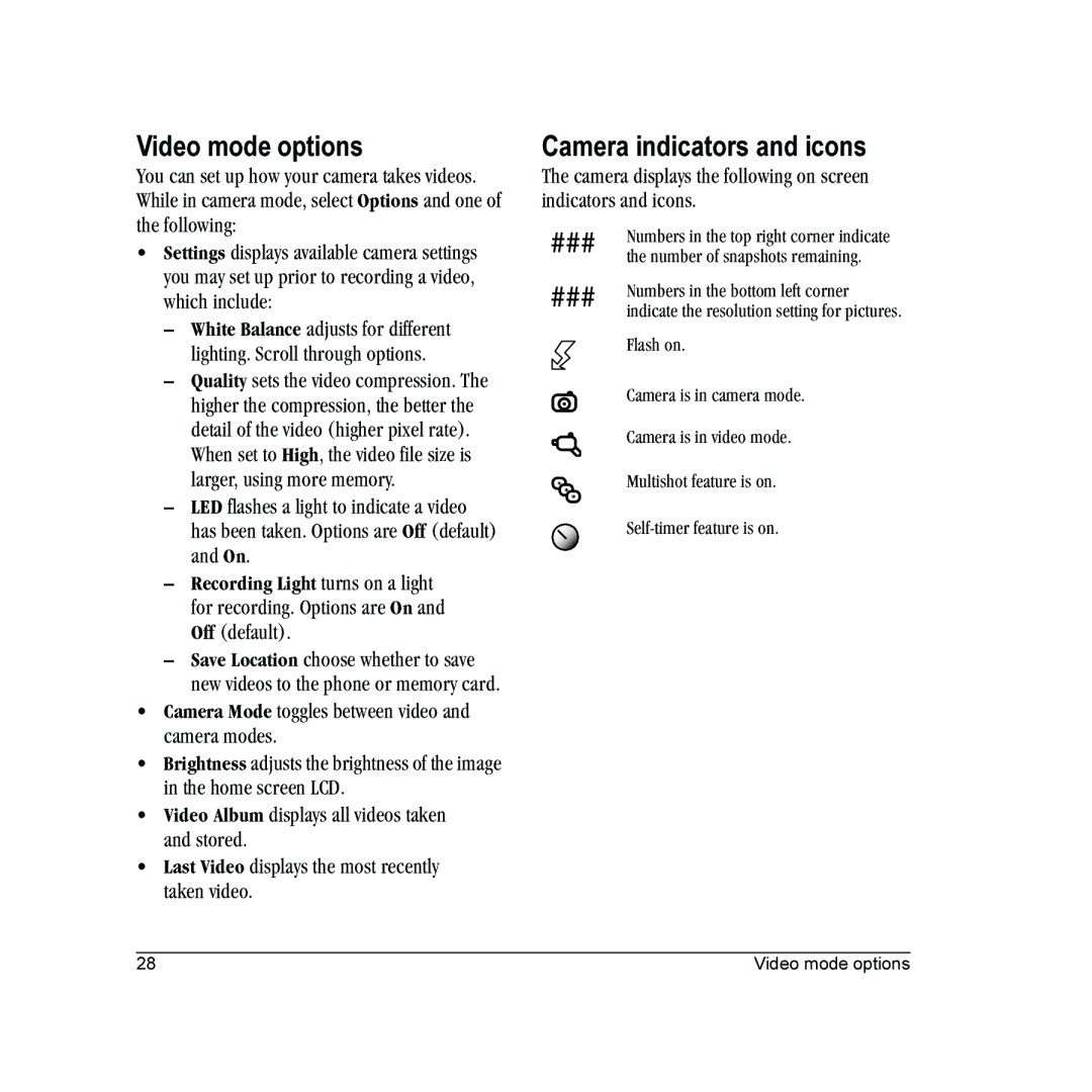 Kyocera E2000 manual Video mode options, Camera indicators and icons, ÁåÇáÅ~íçêë=~åÇ=áÅçåëK 