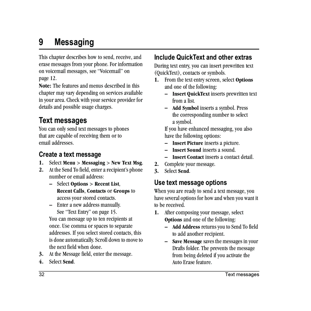 Kyocera E2000 manual Messaging, Text messages, Create a text message, Include QuickText and other extras 