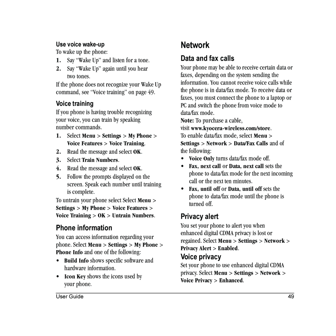 Kyocera E2000 manual Network, Phone information, Data and fax calls, Privacy alert, Voice privacy 