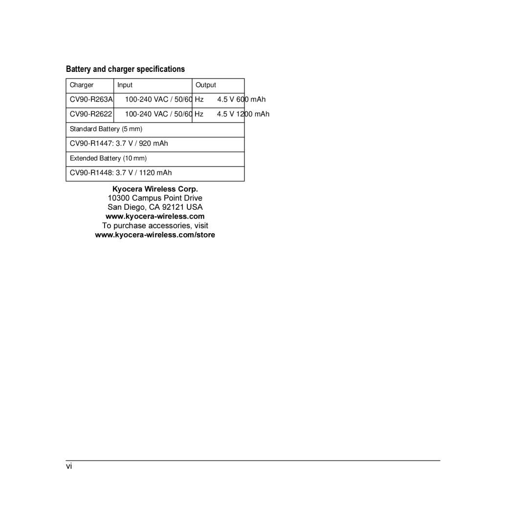 Kyocera E2000 manual Battery and charger specifications 