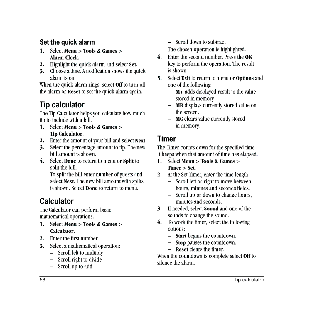 Kyocera E2000 manual Tip calculator, Calculator, Timer, Set the quick alarm 