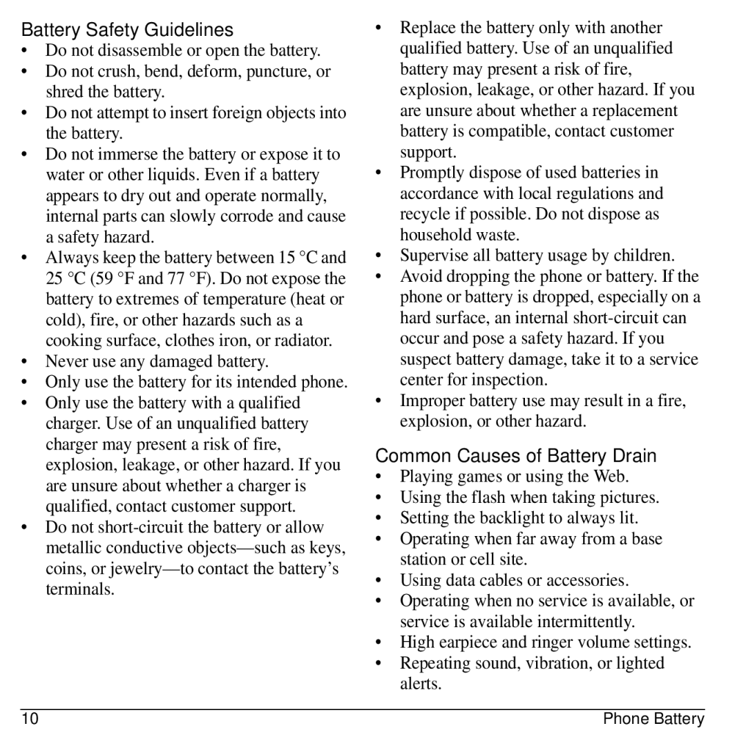 Kyocera E3100 manual Battery Safety Guidelines, Common Causes of Battery Drain, Never use any damaged battery 