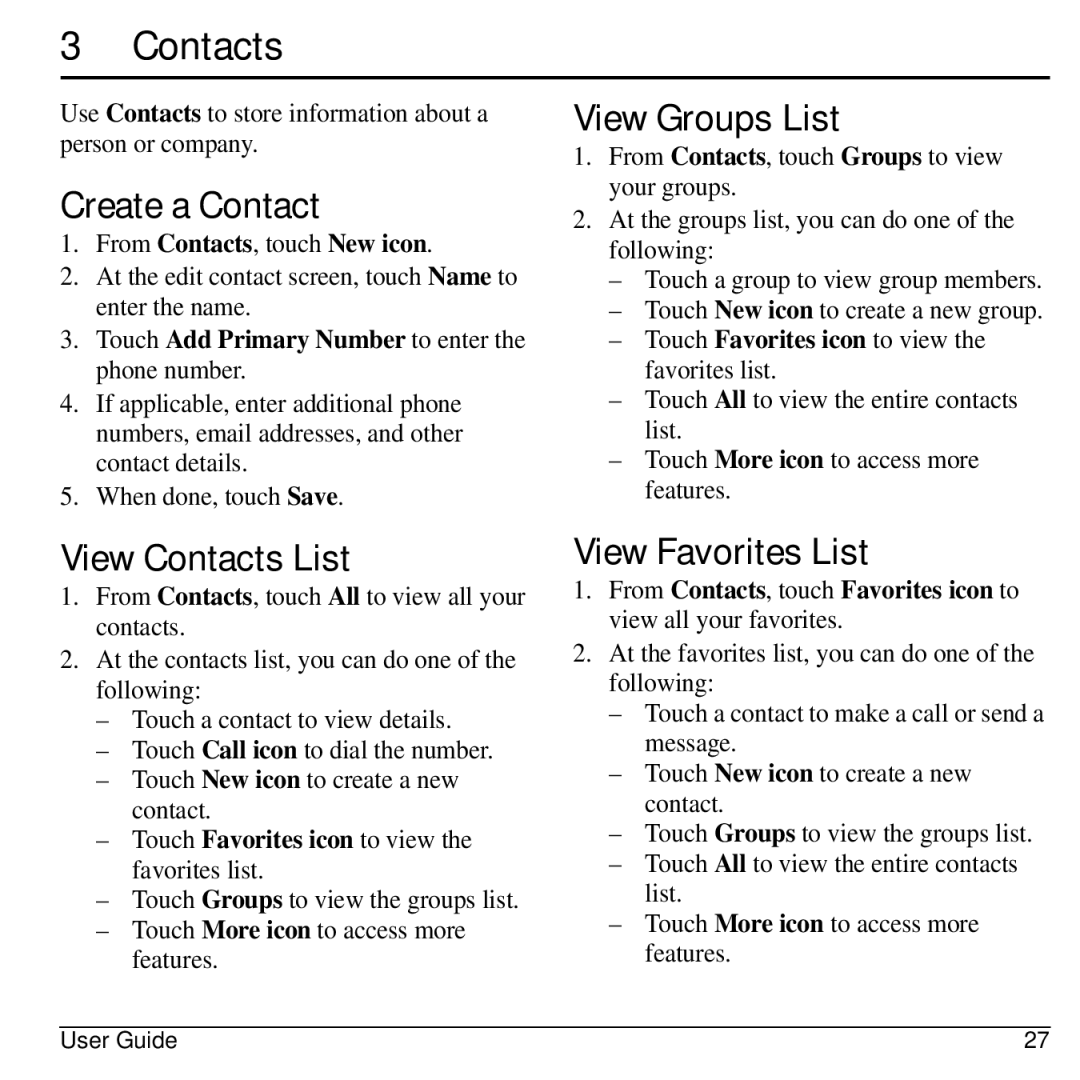 Kyocera E3100 manual Create a Contact, View Contacts List, View Groups List, View Favorites List 