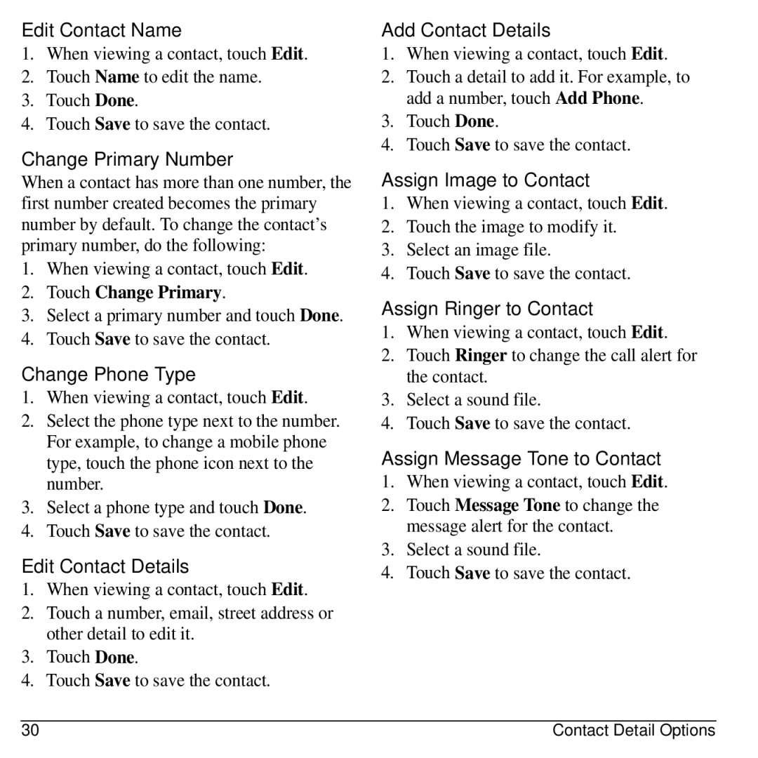Kyocera E3100 manual Edit Contact Name, Change Primary Number, Change Phone Type, Edit Contact Details, Add Contact Details 