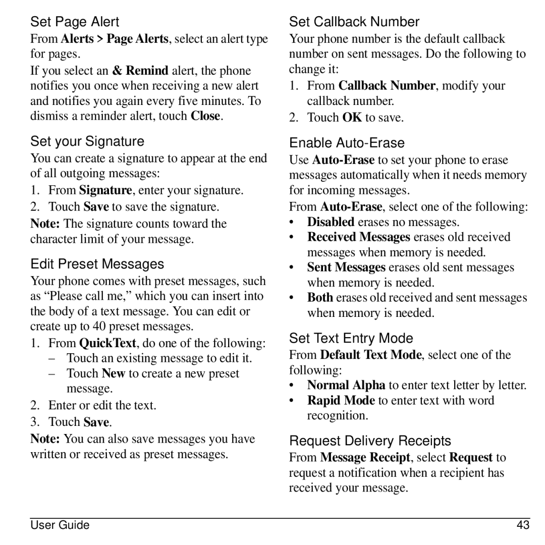 Kyocera E3100 manual Set Page Alert, Set your Signature, Edit Preset Messages, Set Callback Number, Enable Auto-Erase 