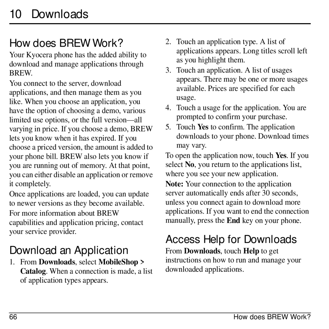 Kyocera E3100 manual How does Brew Work?, Download an Application, Access Help for Downloads 