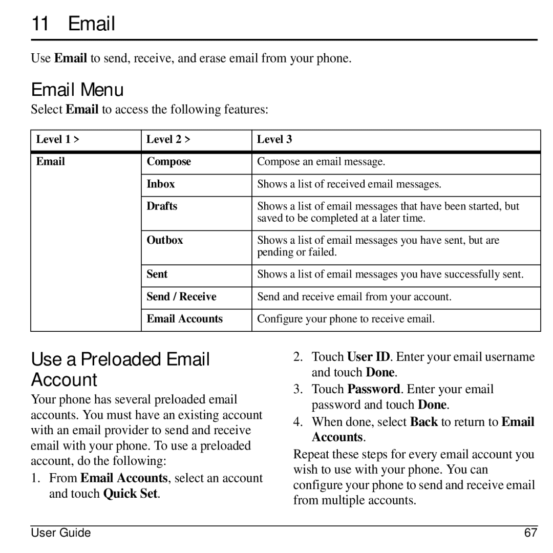 Kyocera E3100 manual Email Menu, Use a Preloaded Email Account, Use Email to send, receive, and erase email from your phone 