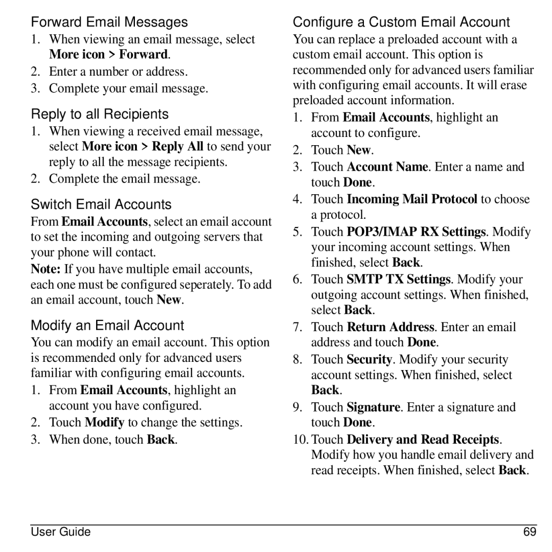 Kyocera E3100 Forward Email Messages, Switch Email Accounts, Modify an Email Account, Configure a Custom Email Account 