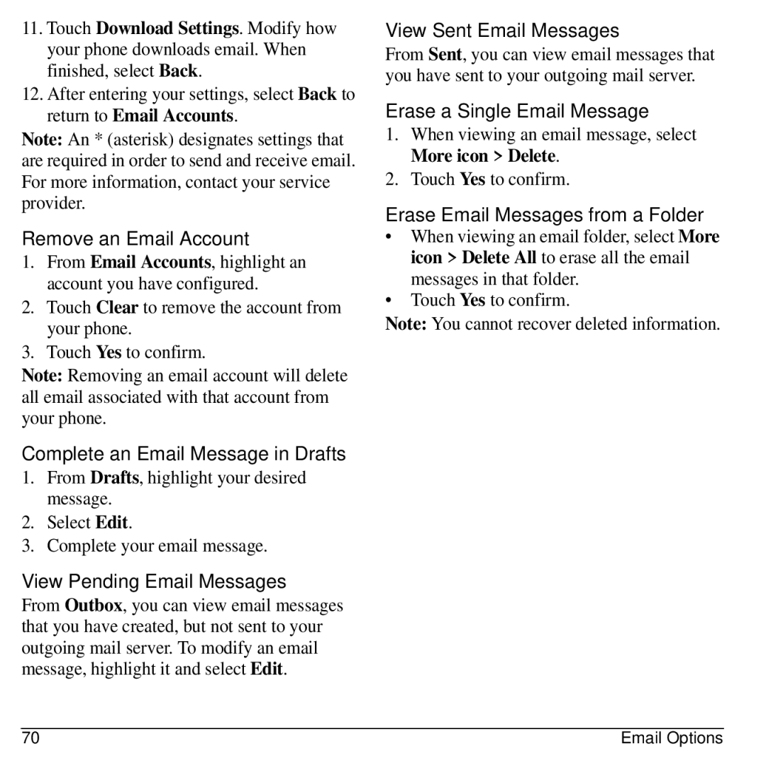 Kyocera E3100 manual Remove an Email Account, Complete an Email Message in Drafts, View Pending Email Messages 