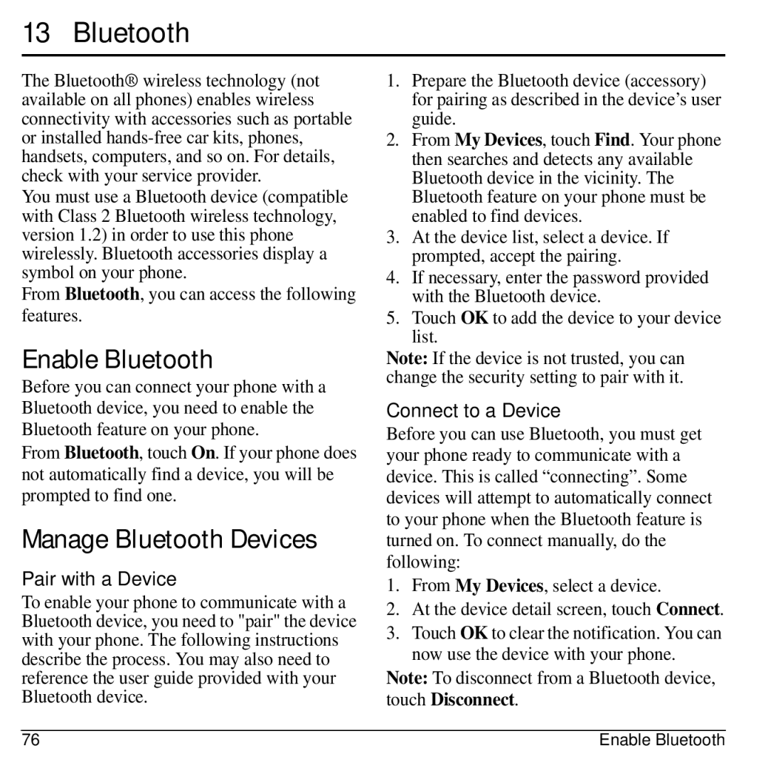 Kyocera E3100 manual Enable Bluetooth, Manage Bluetooth Devices, Pair with a Device, Connect to a Device 