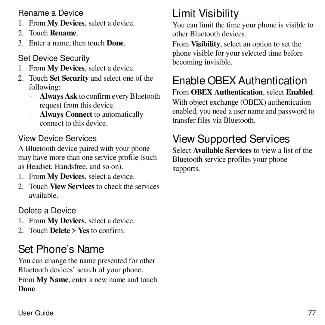 Kyocera E3100 manual Set Phone’s Name, Limit Visibility, Enable Obex Authentication, View Supported Services 