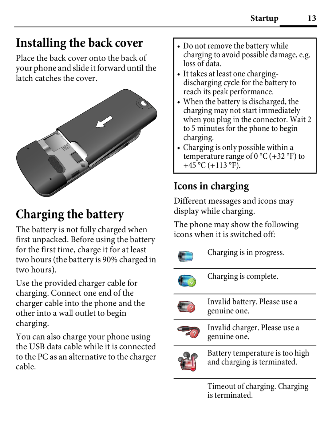 Kyocera E4000 specifications Installing the back cover, Charging the battery, Icons in charging 