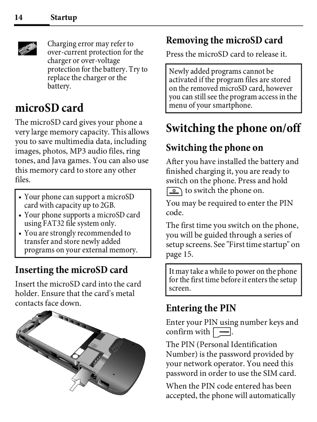 Kyocera E4000 specifications MicroSD card, Inserting the microSD card, Removing the microSD card, Switching the phone on 