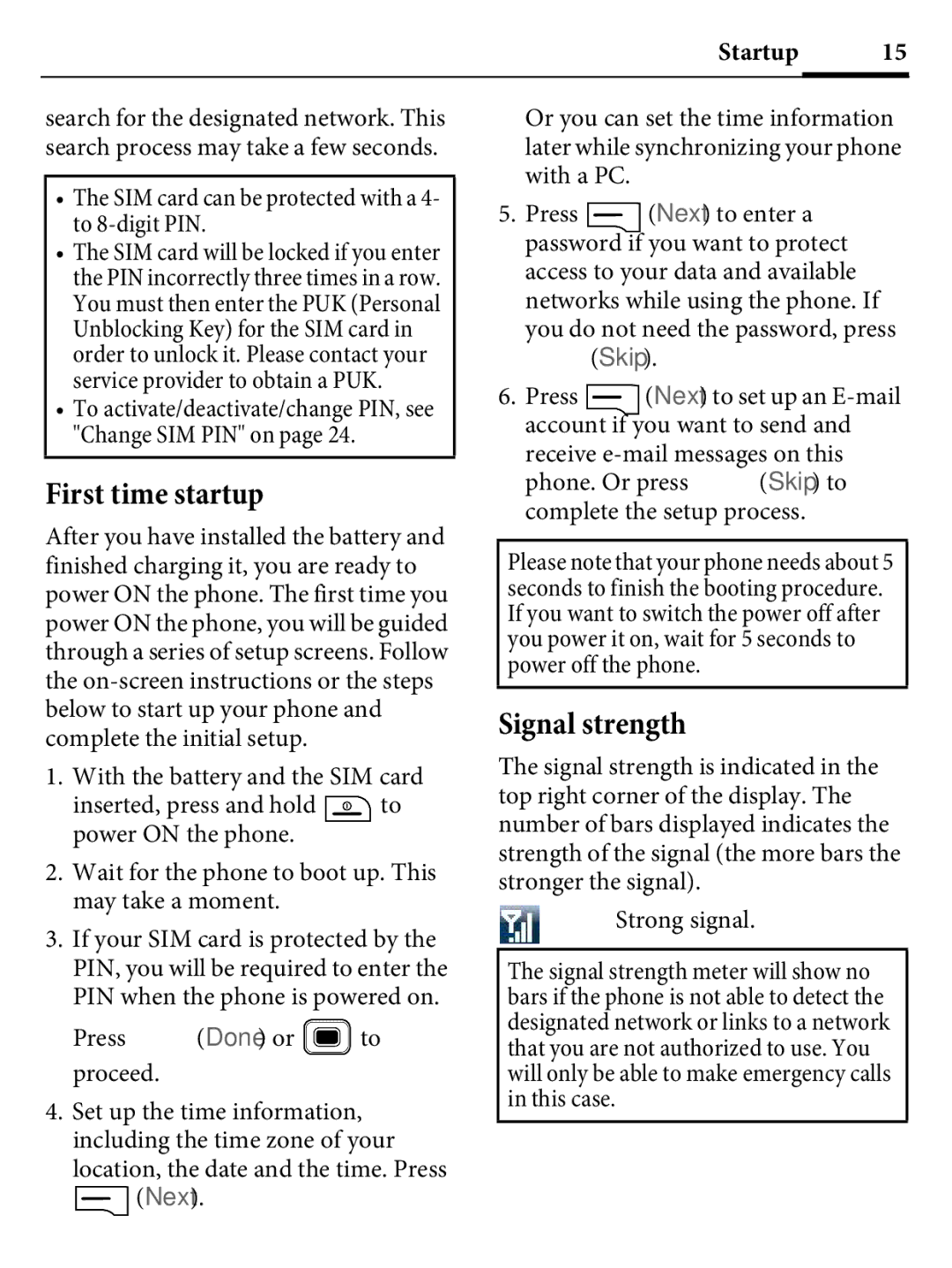 Kyocera E4000 specifications First time startup, Signal strength, SIM card can be protected with a 4- to 8-digit PIN 