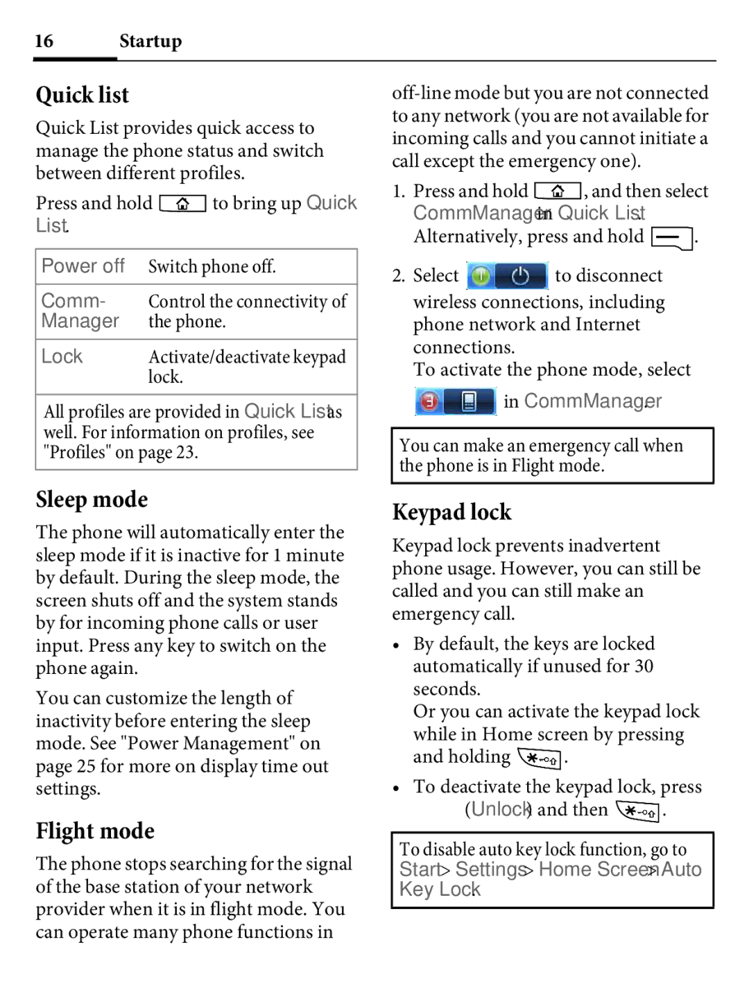 Kyocera E4000 specifications Quick list, Sleep mode, Flight mode, Keypad lock 