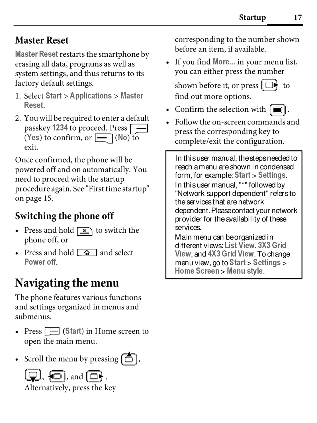 Kyocera E4000 specifications Navigating the menu, Switching the phone off, Select Start Applications Master Reset 