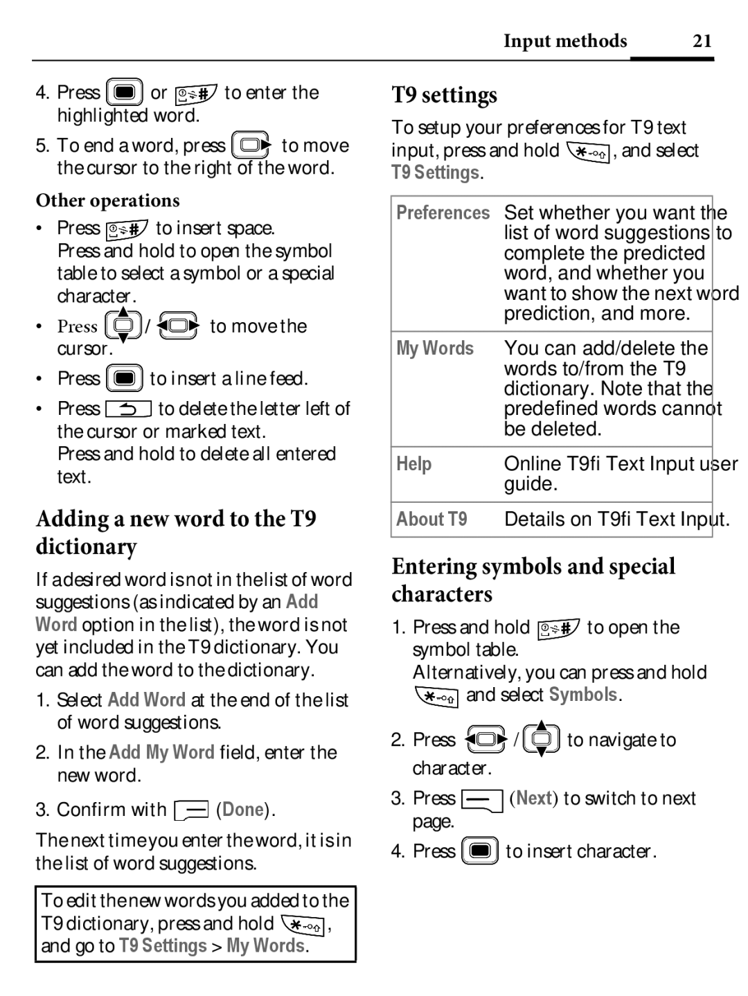 Kyocera E4000 specifications Adding a new word to the T9 dictionary, T9 settings, Entering symbols and special characters 