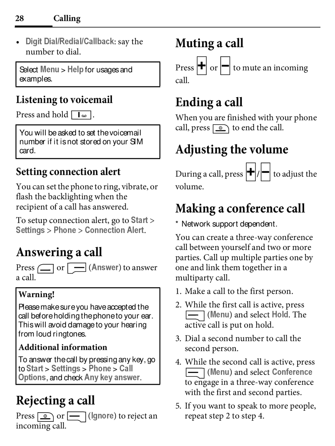 Kyocera E4000 specifications Answering a call, Rejecting a call, Muting a call, Ending a call, Adjusting the volume 