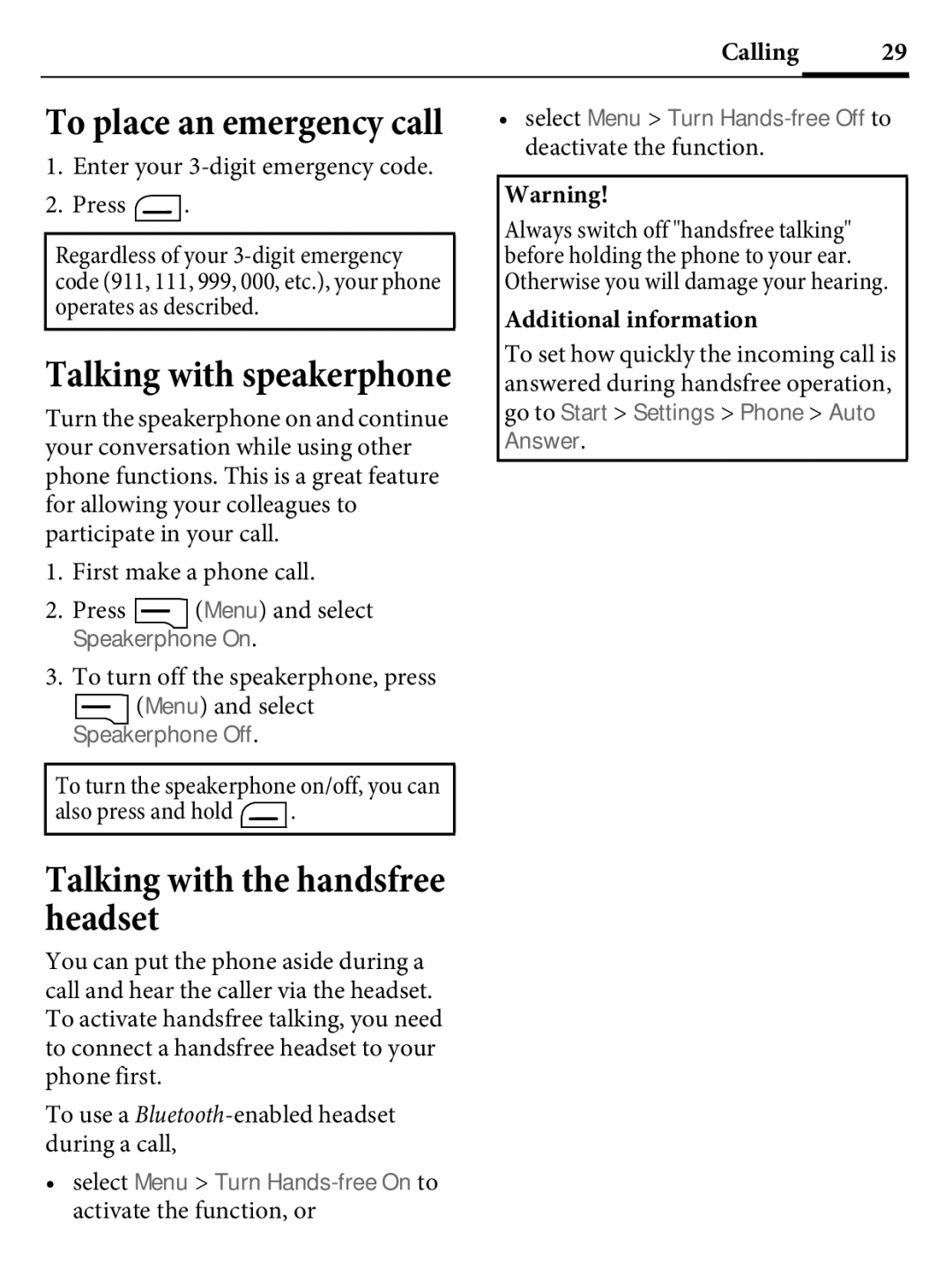 Kyocera E4000 Talking with the handsfree headset, To place an emergency call, Speakerphone On, Speakerphone Off, Answer 