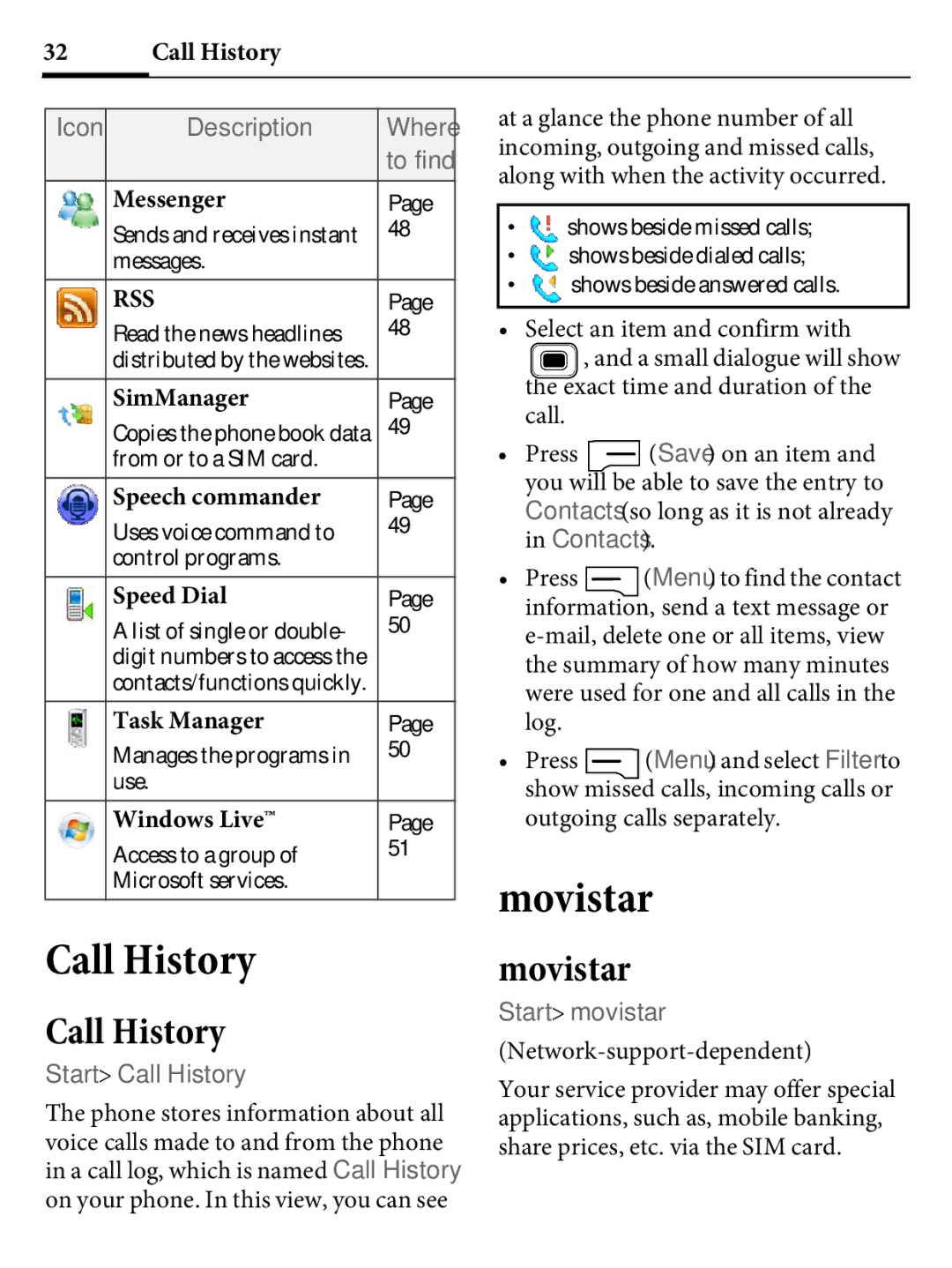 Kyocera E4000 specifications Call History, Movistar 