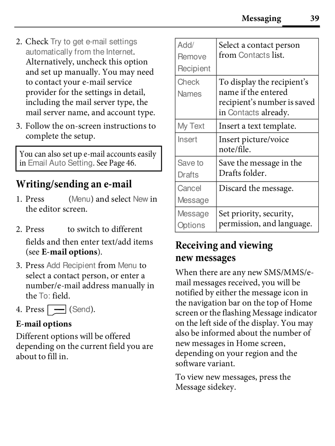 Kyocera E4000 Writing/sending an e-mail, Follow the on-screen instructions to complete the setup, Mail options 