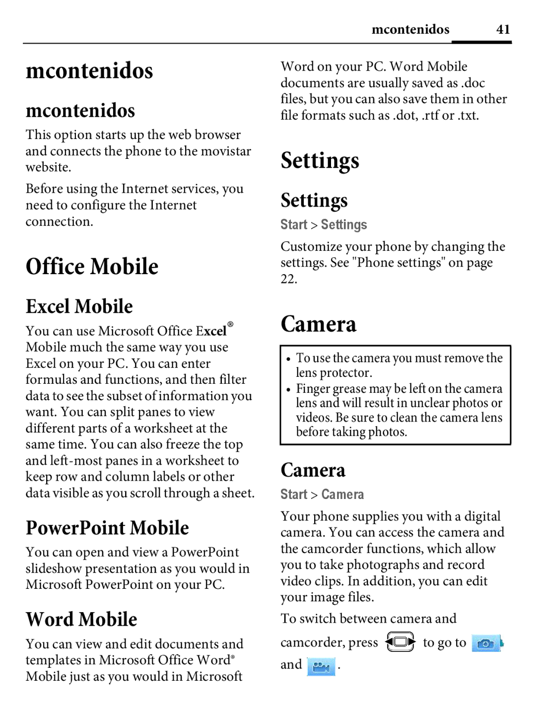 Kyocera E4000 specifications Mcontenidos, Office Mobile, Settings, Camera 