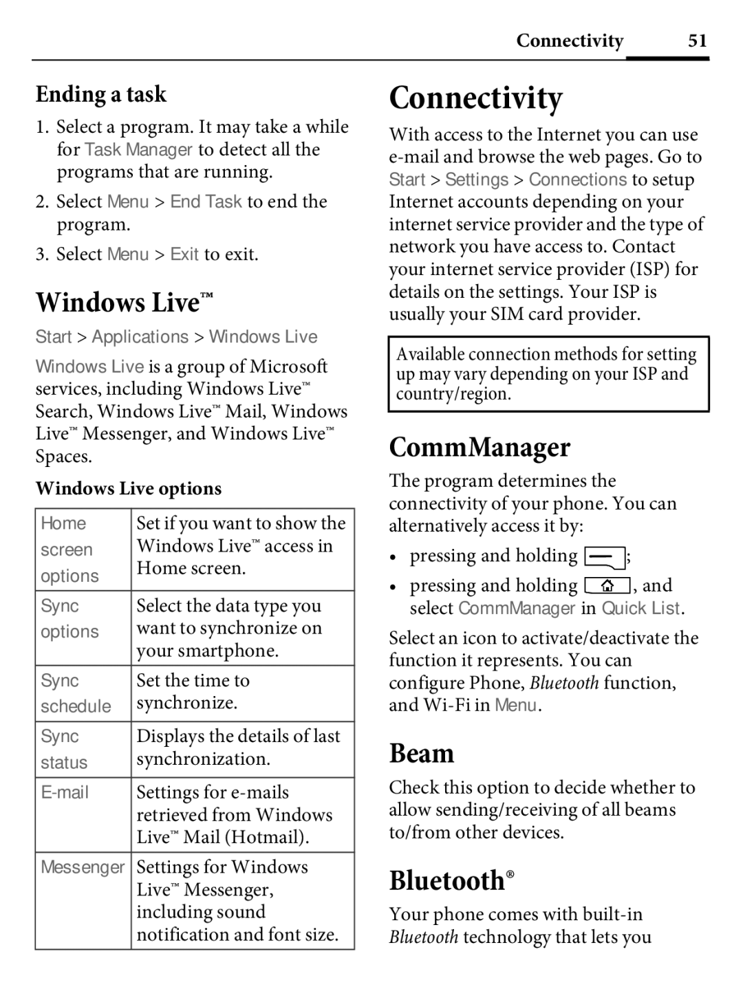 Kyocera E4000 specifications Connectivity, Windows Live, CommManager, Beam, Bluetooth 