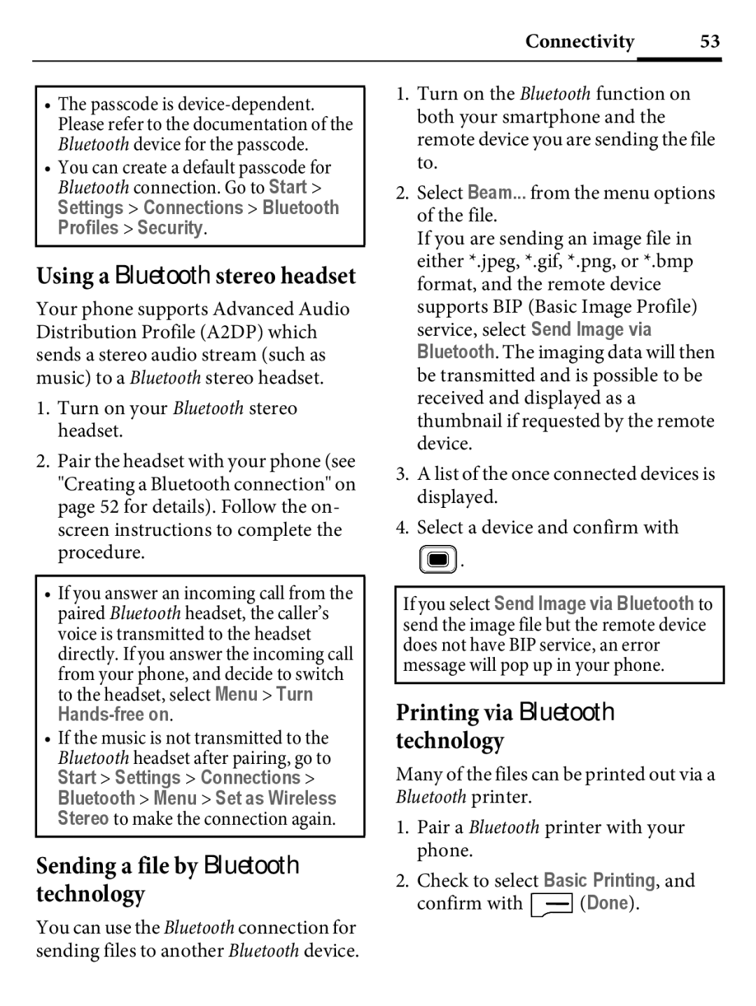 Kyocera E4000 specifications Sending a file by Bluetooth technology, Settings Connections Bluetooth Profiles Security 